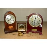 THREE 20TH CENTURY CLOCKS, comprising an Edwardian arch shaped clock with inlaid decoration,