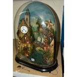 A VICTORIAN AUTOMATON MUSICAL CLOCK UNDER GLASS DOME, clock movement set within a tower, enamel