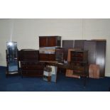 AN EIGHT PIECE STAG MINSTREL BEDROOM SUITE, comprising of two sized double door wardrobes, larger