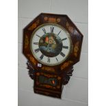 A VICTORIAN ROSEWOOD AND FLORALLY INLAID OCTAGONAL SINGLE FUSEE DROP DIAL WALL CLOCK, brassed