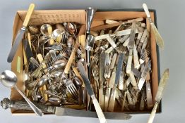 TWO BOXES OF LOOSE CUTLERY AND FLATWARE, including mother of pearl handled dessert and fish