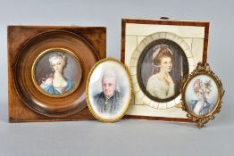 FOUR 20TH CENTURY MINIATURES OF LADIES, including a gilt framed oval portrait of an elderly lady 7.