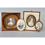 FOUR 20TH CENTURY MINIATURES OF LADIES, including a gilt framed oval portrait of an elderly lady 7.