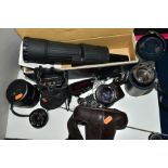 A BOXED OPTICRON HR60 SR SPOTTING SCOPE/TELESCOPE, with instructions, an Olympus OM-2N camera,