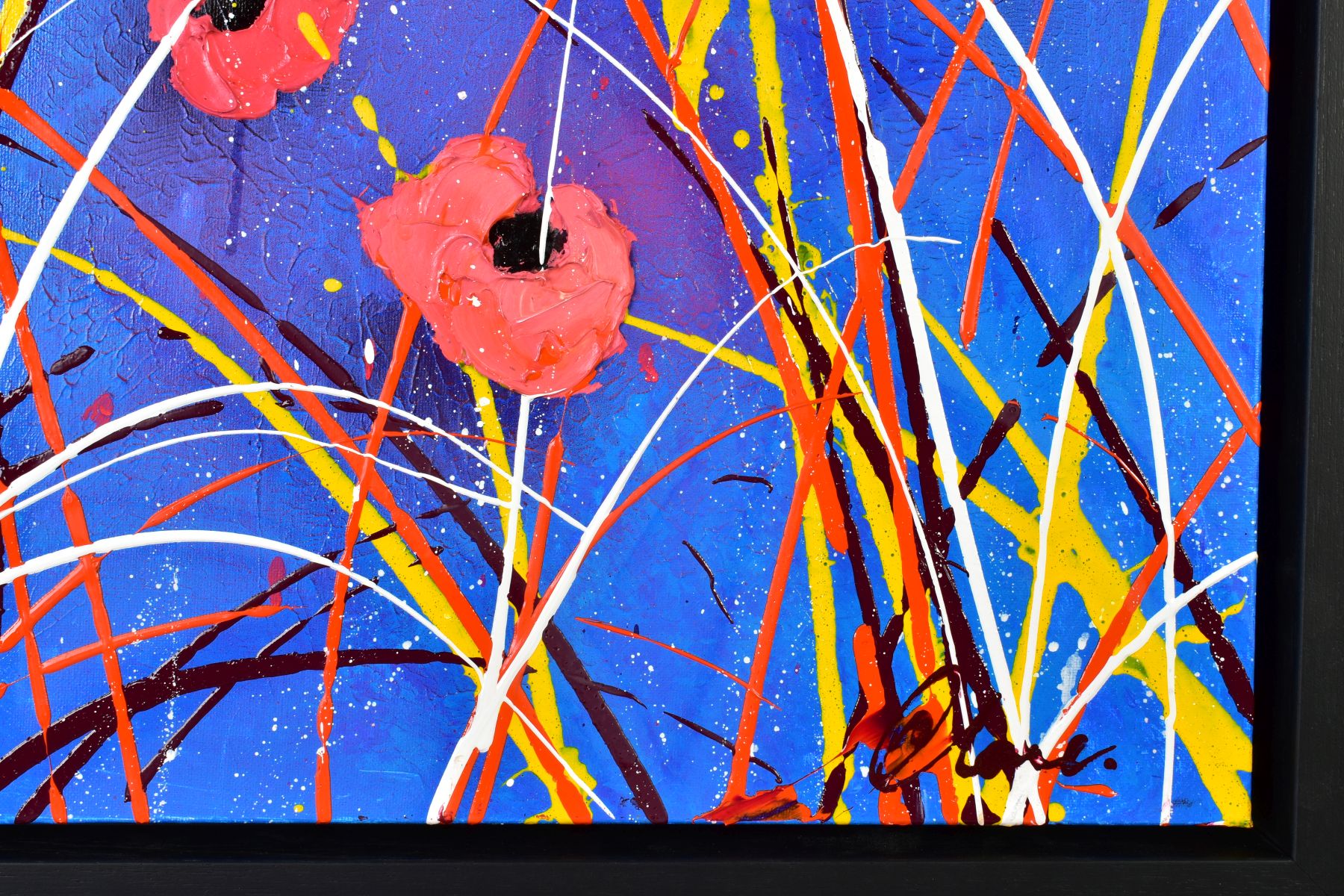 CLARE SYKES (BRITISH 1972) 'HER BUTTONS', poppy flowers against an abstract backdrop, signed - Image 3 of 5