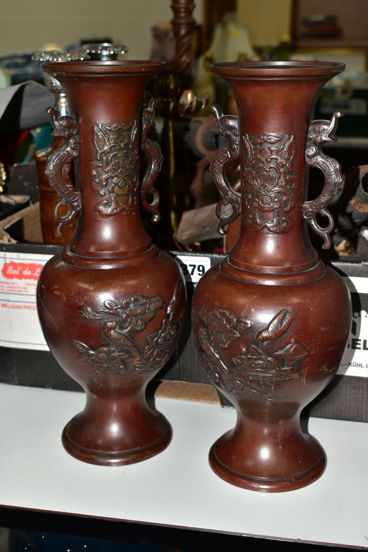A PAIR OF JAPANESE BRONZED VASES, wooden twin handled vessel and a box of metalware and treen, - Image 4 of 9