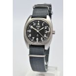 A STAINLESS STEEL MILITARY ISSUED CABOT WATCH COMPANY WRISTWATCH, black dial with Arabic numeral