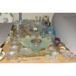 A QUANTITY OF GLASSWARE, including a pair of conical decanters etched with masted ships, comports,
