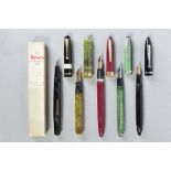 FIVE VINTAGE FOUNTAIN PENS including a marbled green early Sheaffer with a gold coloured band and