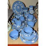 WEDGWOOD BLUE JASPERWARES, comprising six place tea setting including teapot, milk and sugar, jug,