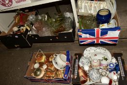 FIVE BOXES OF CERAMICS, GLASSWARE, etc, including Cottage Ware teapots, butter dishes and biscuit