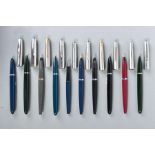 TEN PARKER FOUNTAIN PENS including a blue and chrome '21' with an unusual clip and nib, a blue and