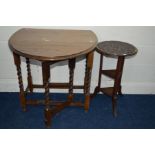 A SMALL EARLY 20TH CENTURY OAK BARLEY TWIST DROP LEAF TABLE together with an oak carved top