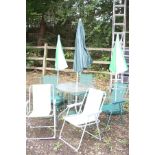 A ROUND GARDEN TABLE WITH GLASS TOP, diameter 80cm x height 67cm, three matching folding chairs, a