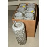 A SET OF SEVEN CYLINDRICAL OPAQUE WHITE GLASS LIGHT SHADES, moulded textured design, height 29cm x