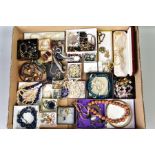 A BOX OF COSTUME JEWELLERY, to include a pair of silver gilt Wedgwood clip earrings of oval outline,