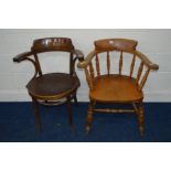 A LATE 19TH CENTURY STAINED WOOD SMOKERS CHAIR and a bentwood oak chair (2)