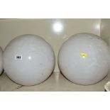 A PAIR OF OPAQUE WHITE GLASS SPHERICAL AND NICKEL PLATED CEILING LIGHT FITTINGS, approximate