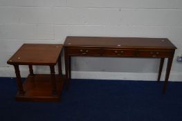 A LOW BRADLEY MODERN MAHOGANY STRUNG INLAY LOW SIDE TABLE, with three drawers on tapered legs (s.
