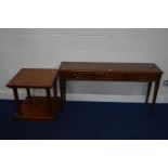 A LOW BRADLEY MODERN MAHOGANY STRUNG INLAY LOW SIDE TABLE, with three drawers on tapered legs (s.