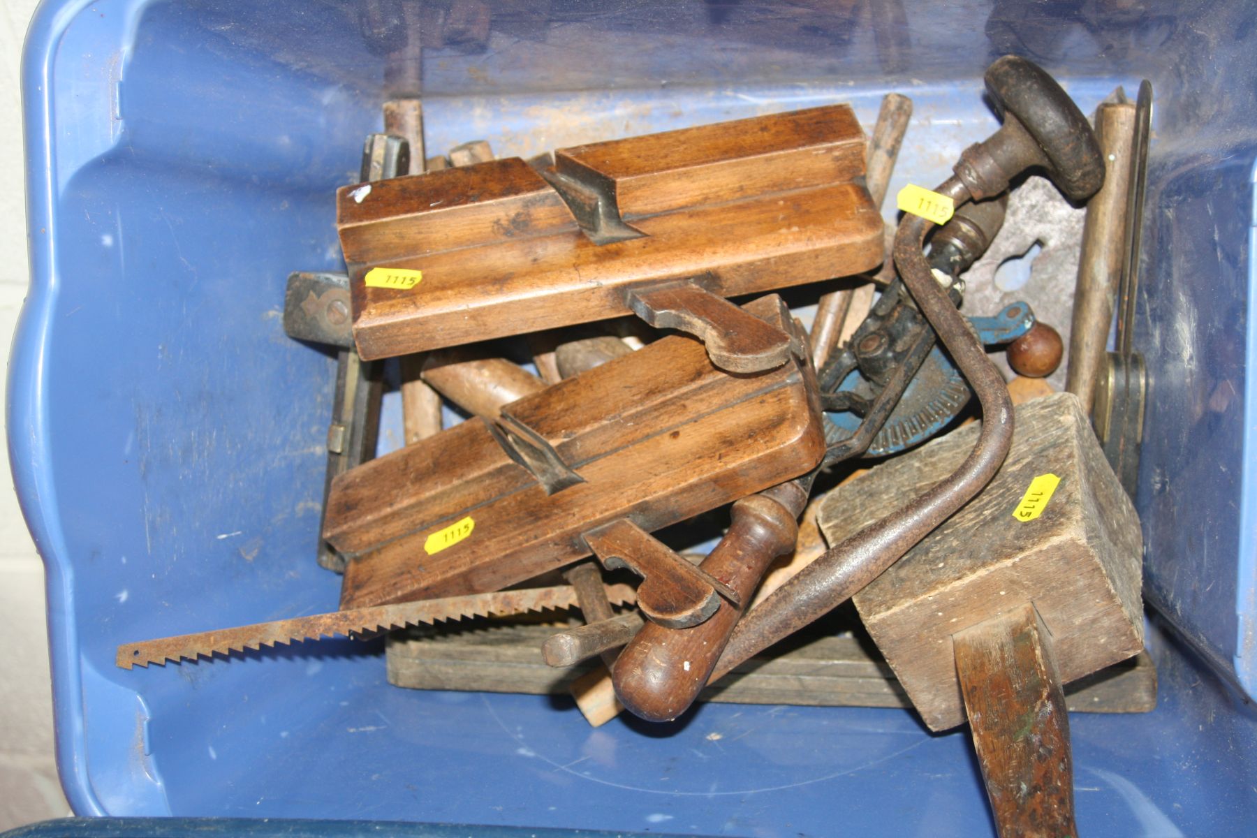 THREE BOXES OF VINTAGE AND MODERN TOOLS including wooden moulding planes, saws, axle stands, a Bosch - Image 3 of 4