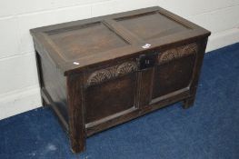 A 19TH CENTURY OAK DOUBLE PANEL BLANKET CHEST WITH CARVED FRIEZE width 88cm x depth 48cm x height