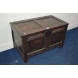 A 19TH CENTURY OAK DOUBLE PANEL BLANKET CHEST WITH CARVED FRIEZE width 88cm x depth 48cm x height