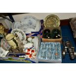 FOUR BOXES AND LOOSE CHINA, GLASSWARE, METALWARES, etc, including a Royal Standard 'Melody'