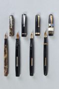 FOUR VINTAGE 'SWAN' SELF FILLER FOUNTAIN PENS including a marbled green and red 100/59 No 1K 14ct