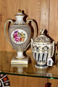 A ROYAL WORCESTER HERTIAGE COLLECTION POT POURRI VASE AND COVER, of urn form with blue and gilt