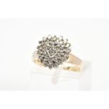 A 9CT GOLD HEART SHAPE DIAMOND CLUSTER RING, designed as a three tiered cluster in a heart shape