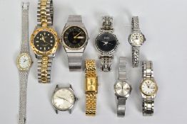 A SMALL BOX OF WATCHES, to include two Seiko wristwatches, a Sekonda, a Ckitizen automatic etc