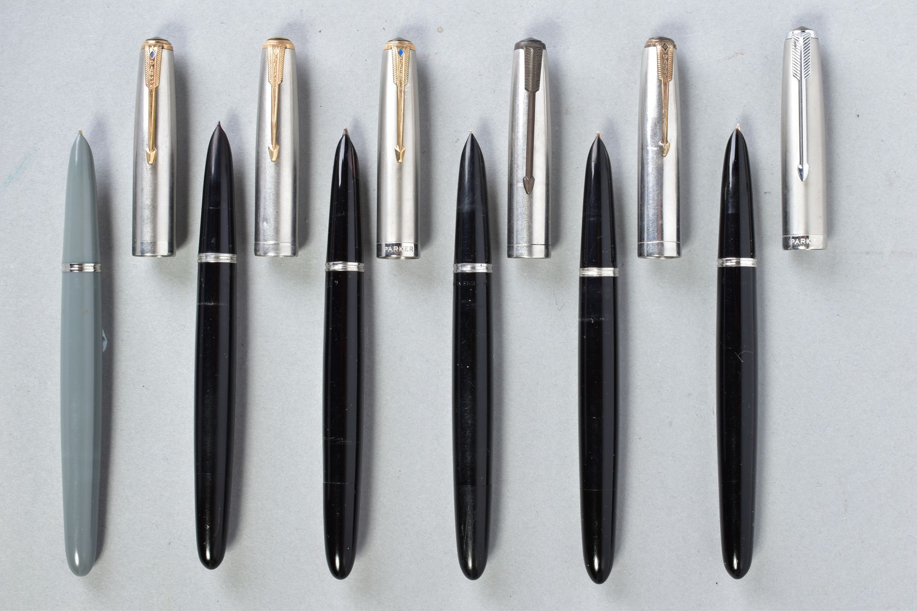 SIX PARKER '51' WITH VACUMATIC FILLERS including one grey and matt stainless and four black and matt