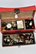 A BOX, OF COSTUME JEWELLERY AND WATCHES, to include a pocket watch, two wristwatches, a pendant