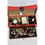 A BOX, OF COSTUME JEWELLERY AND WATCHES, to include a pocket watch, two wristwatches, a pendant