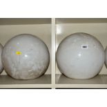 A PAIR OF OPAQUE WHITE GLASS SPHERICAL AND OVERPAINTED NICKEL PLATED CEILING LIGHT FITTINGS,