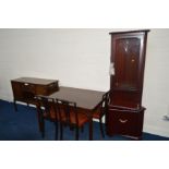 A MID TO LATE 20TH CENTURY MAHOGANY DINING SUITE, comprising a rectangular table, 122cm x depth 83cm