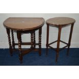 A SMALL EARLY 20TH CENTURY OAK BARLEY TWIST DROP LEAF TABLE together with an oak occasional table