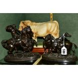 TWO BRONZED SPELTER FIGURE GROUPS OF HORSES, heights 13cm and 19cm, together with a Kowa porcelain