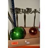 TWO VINTAGE WITCHES BALLS, largest approximately 69cm circumference, together with three candelabra,