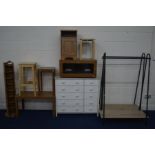 A QUANTITY OF VARIOUS FURNITURE to include a painted chest of drawers, two metal clothes stands,