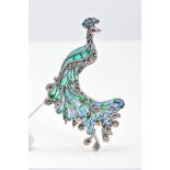 A PLIQUE-A-JOUR BROOCH, designed as a peacock with blue, green and purple plique-a-jour enamel