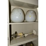 A PAIR OF OPAQUE WHITE OVOID GLASS AND PAINTED NICKEL PLATED CEILING LIGHT FITTINGS, approximate