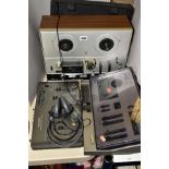 A VINTAGE AKAI 4000D SOLID STATE REEL TO REEL PLAYER, with vinyl cover, an Aiwa DIN 45 500