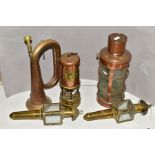 BRASS AND COPPER, to include an Aberaman Colliery minors lamp, oil powered coaching style lamps,