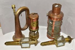 BRASS AND COPPER, to include an Aberaman Colliery minors lamp, oil powered coaching style lamps,