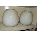 A PAIR OF OPAQUE WHITE OVOID GLASS AND OVER PAINTED NICKEL PLATED CEILING LIGHT FITTINGS,
