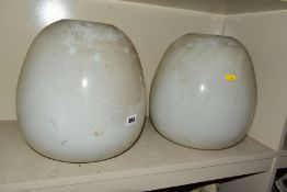 A PAIR OF OPAQUE WHITE OVOID GLASS AND OVER PAINTED NICKEL PLATED CEILING LIGHT FITTINGS,