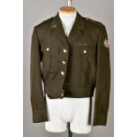 FIVE US ARMY WWII STYLE SHORT BATTLEDRESS JACKETS, some with insignia, medal ribbons etc