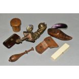 A BOX OF VICTORIAN TREEN, SNUFF BOXES, etc, including a shoe snuff box, an olive wood cylindrical